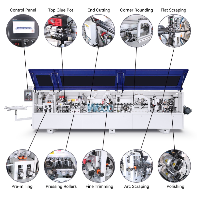 Máquina enchapadora de cantos automática compacta MY-12 de 3,5 metros con precalentamiento, boquillas separadoras, prefresado, encolado, prensado, corte de extremos, recorte fino, raspado de arco, raspado plano y funciones de limpieza