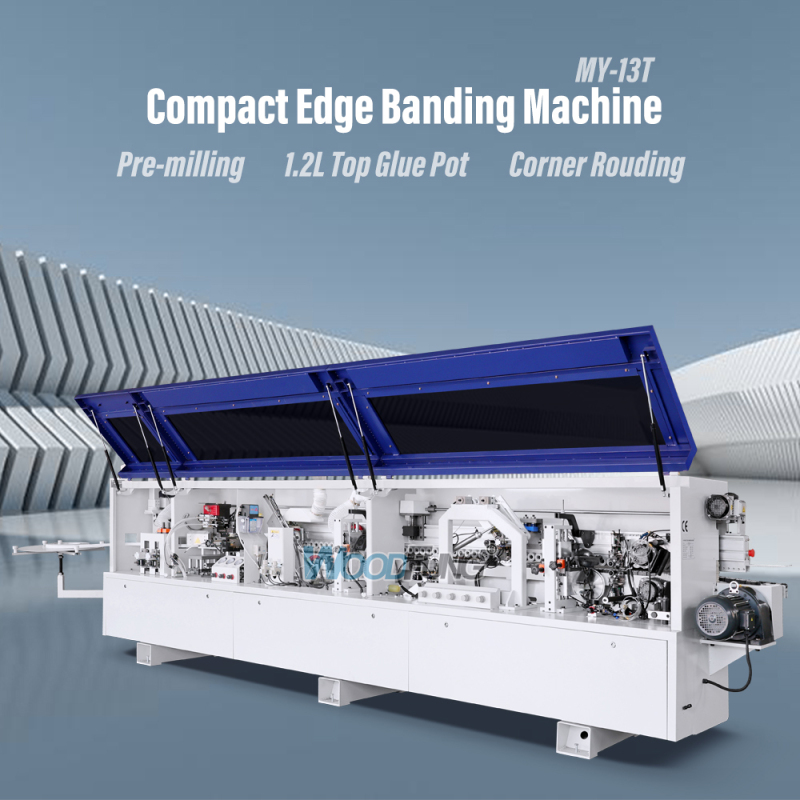 Máquina enchapadora de cantos automática compacta MY-12 de 3,5 metros con precalentamiento, boquillas separadoras, prefresado, encolado, prensado, corte de extremos, recorte fino, raspado de arco, raspado plano y funciones de limpieza
