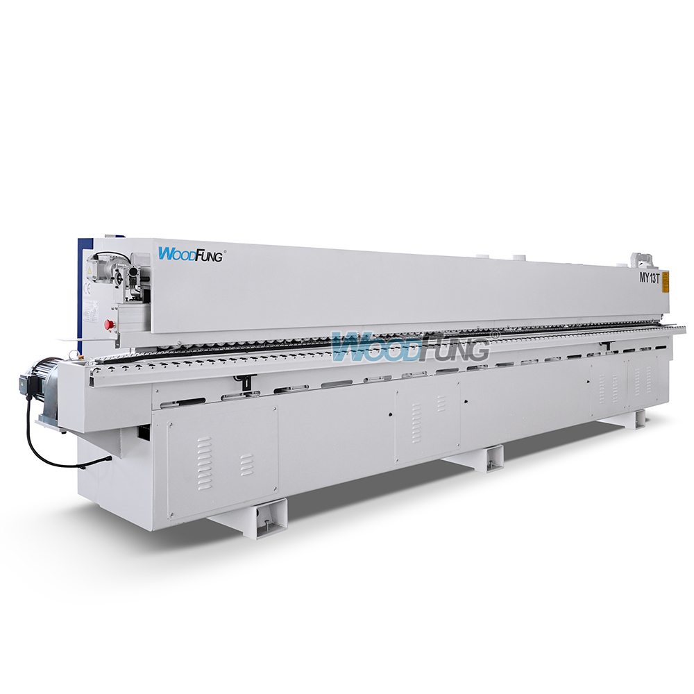 Máquina enchapadora de cantos automática compacta MY-12 de 3,5 metros con precalentamiento, boquillas separadoras, prefresado, encolado, prensado, corte de extremos, recorte fino, raspado de arco, raspado plano y funciones de limpieza