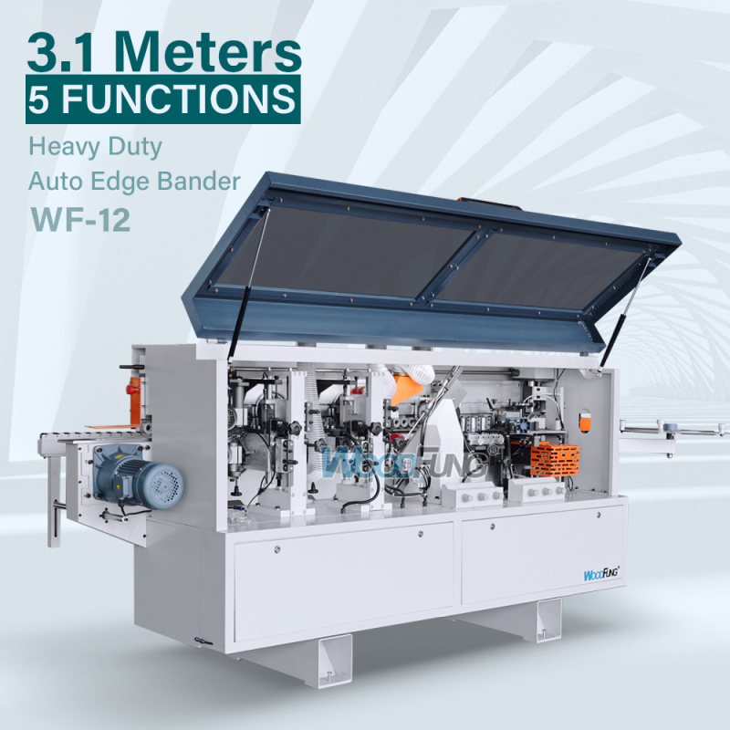 WF-12 con encolado, corte de extremos, corte fino, desguace y pulido automático de bandas de borde