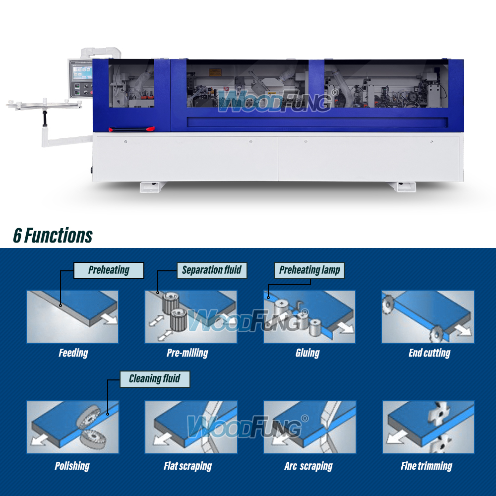 Máquina canteadora compacta MY-12Q para paneles estrechos de 40 mm con doble depósito de cola.
