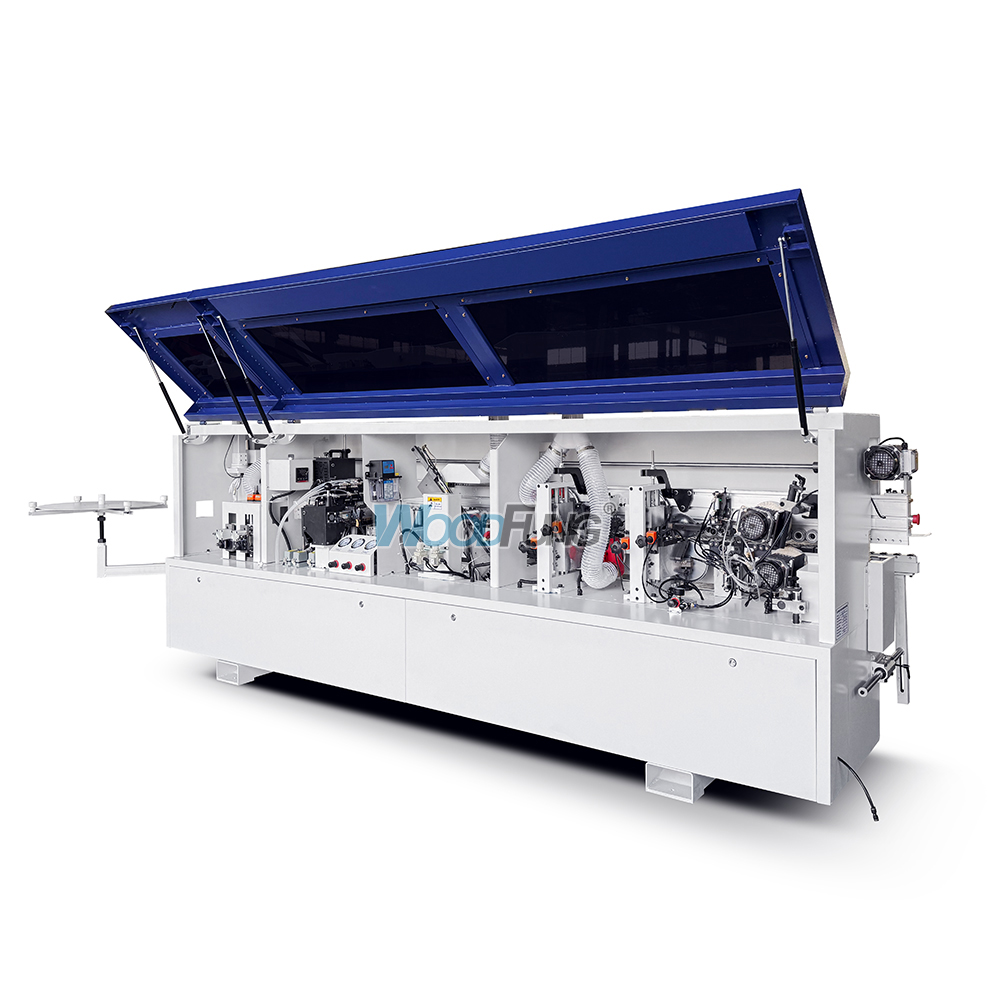 Máquina canteadora compacta MY-12Q para paneles estrechos de 40 mm con doble depósito de cola.