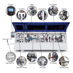 Máquina canteadora compacta MY-12Q para paneles estrechos de 40 mm con doble depósito de cola.