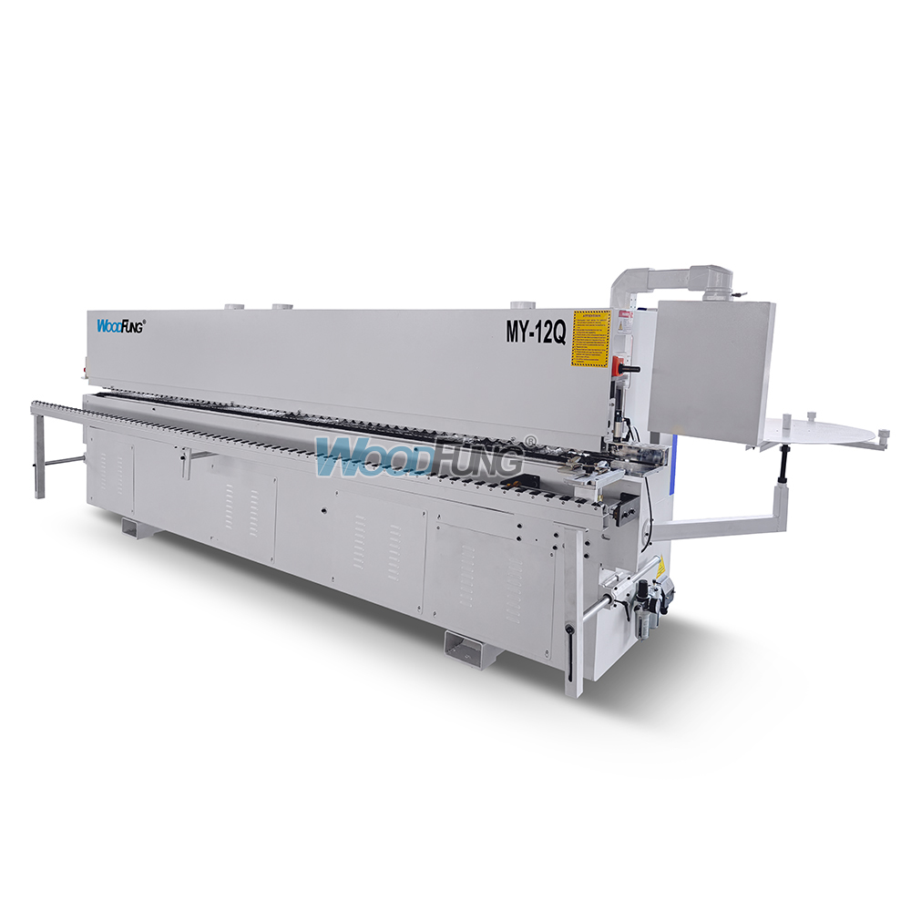 Máquina canteadora compacta MY-12Q para paneles estrechos de 40 mm con doble depósito de cola.