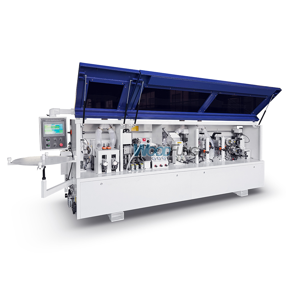 Máquina canteadora compacta MY-12Q para paneles estrechos de 40 mm con doble depósito de cola.