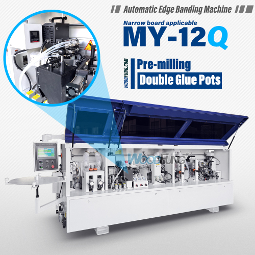 Máquina canteadora compacta MY-12Q para paneles estrechos de 40 mm con doble depósito de cola.