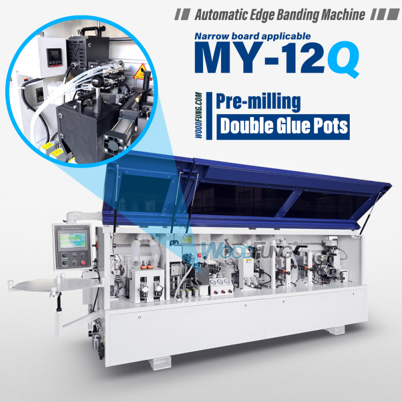 Máquina canteadora compacta MY-12Q para paneles estrechos de 40 mm con doble depósito de cola.