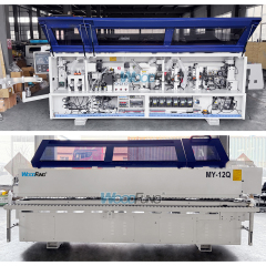 Máquina canteadora compacta MY-12Q para paneles estrechos de 40 mm con doble depósito de cola.