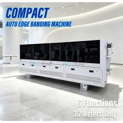 MY-12 3.5 meters compact automatic edge banding machine with Pre-heating,separator nozzles, pre-milling, gluing, pressing, end cutting,fine trimming,arc scraping,flat scraping,cleaning functions