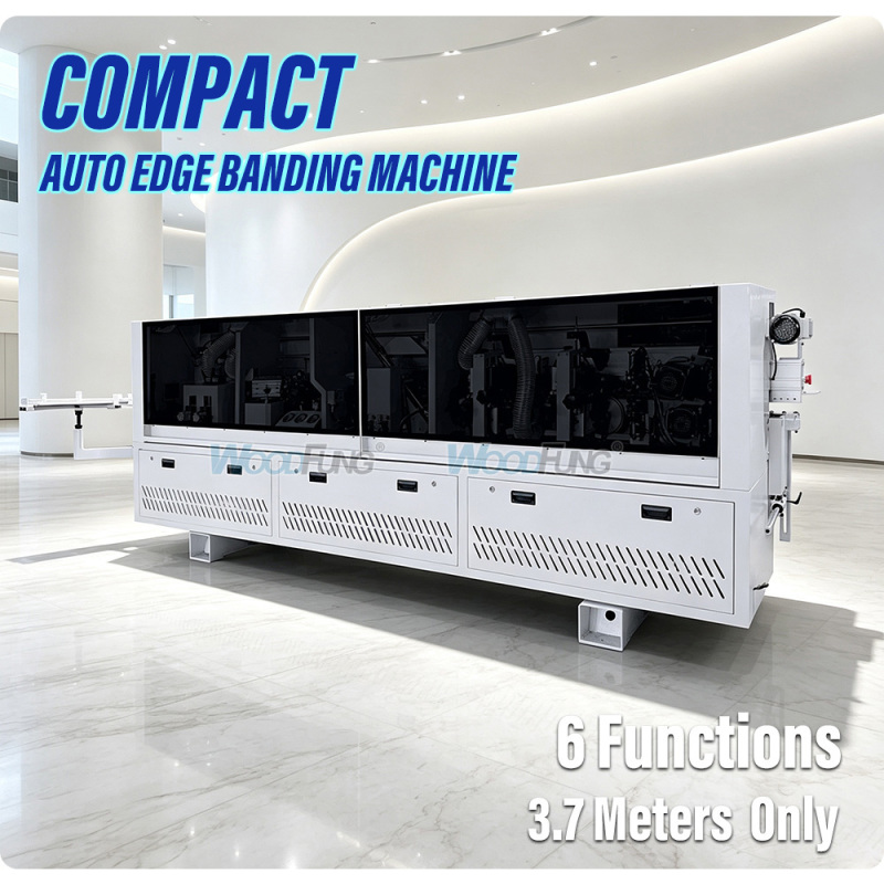 MY-12 3.5 meters compact automatic edge banding machine with Pre-heating,separator nozzles, pre-milling, gluing, pressing, end cutting,fine trimming,arc scraping,flat scraping,cleaning functions