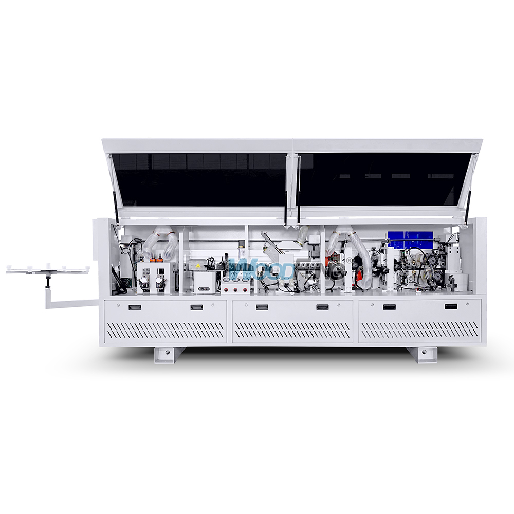 MY-12 3.5 meters compact automatic edge banding machine with Pre-heating,separator nozzles, pre-milling, gluing, pressing, end cutting,fine trimming,arc scraping,flat scraping,cleaning functions