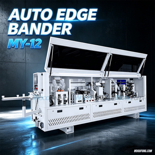 MY-12 3.5 meters compact automatic edge banding machine with Pre-heating,separator nozzles, pre-milling, gluing, pressing, end cutting,fine trimming,arc scraping,flat scraping,cleaning functions