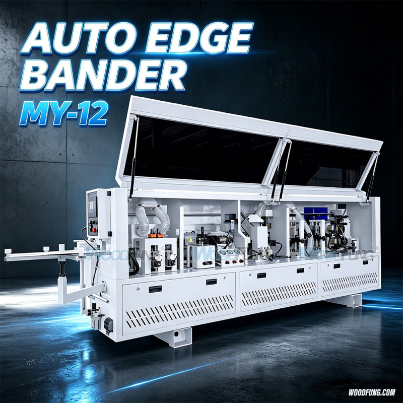 MY-12 3.5 meters compact automatic edge banding machine with Pre-heating,separator nozzles, pre-milling, gluing, pressing, end cutting,fine trimming,arc scraping,flat scraping,cleaning functions