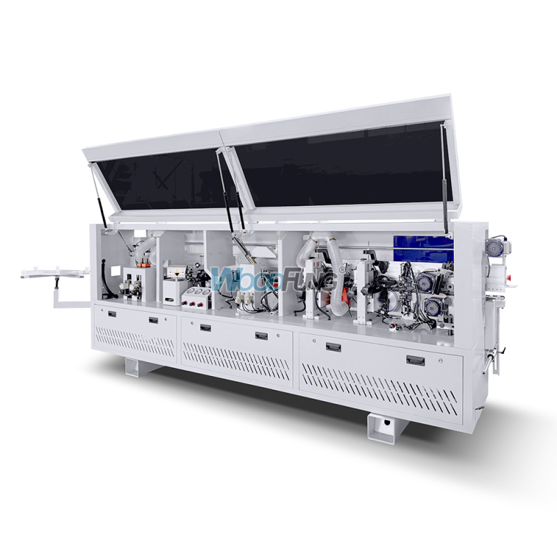 MY-12 3.5 meters compact automatic edge banding machine with Pre-heating,separator nozzles, pre-milling, gluing, pressing, end cutting,fine trimming,arc scraping,flat scraping,cleaning functions