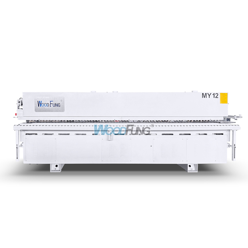 MY-12 3.5 meters compact automatic edge banding machine with Pre-heating,separator nozzles, pre-milling, gluing, pressing, end cutting,fine trimming,arc scraping,flat scraping,cleaning functions