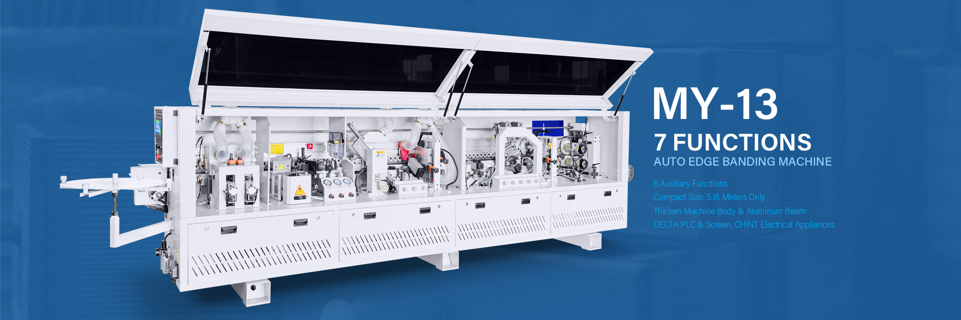 MY-13 compact automatic edge banding machine with Pre-heating,separator nozzles, pre-milling, gluing, pressing, end cutting,fine trimming,corner rounding,arc scraping,flat scraping,cleaning functions