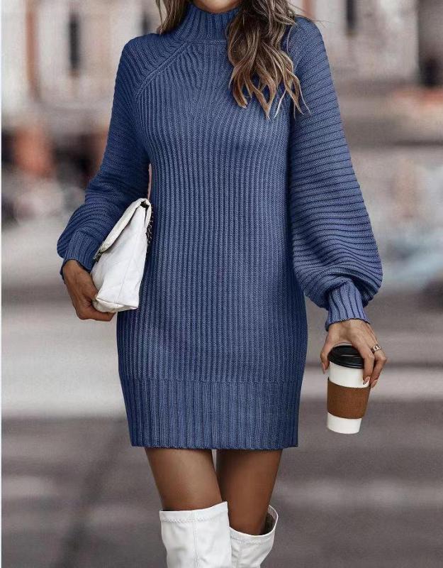 High necked sweater women's long sleeved knitted dress