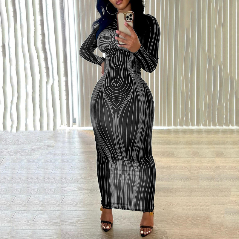 Women's long sleeved round neck fashionable printed slim fit wrap buttocks bottom dress