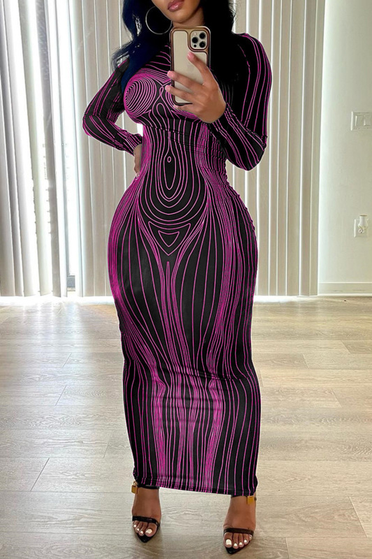 Women's long sleeved round neck fashionable printed slim fit wrap buttocks bottom dress
