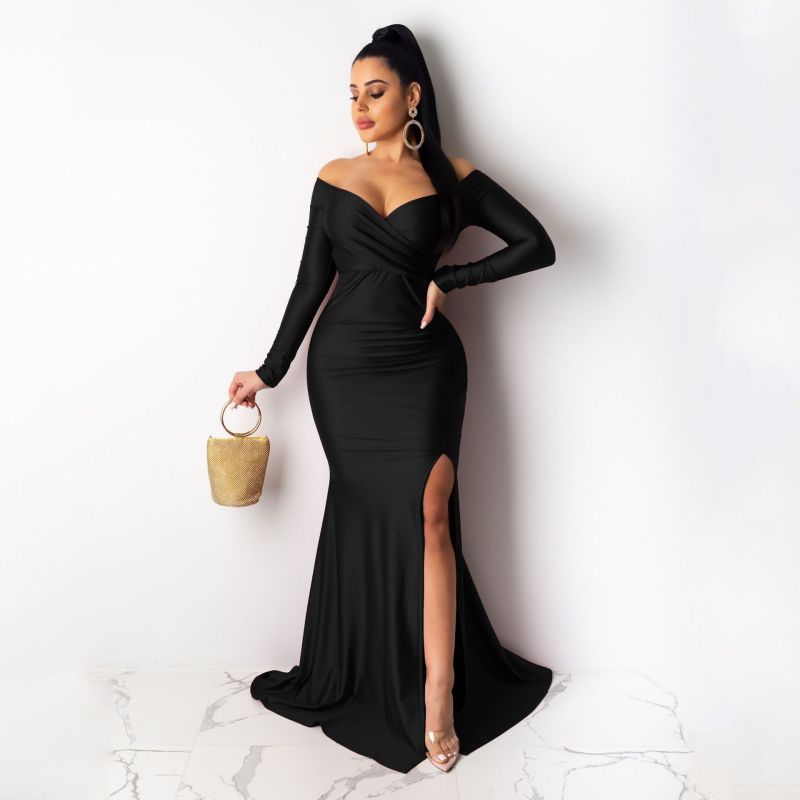 Women's sexy dress nightclub V-neck evening dress solid color large slit long dress