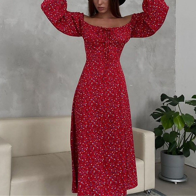 Printed French floral backless puff sleeves slim fit camisole slit dress