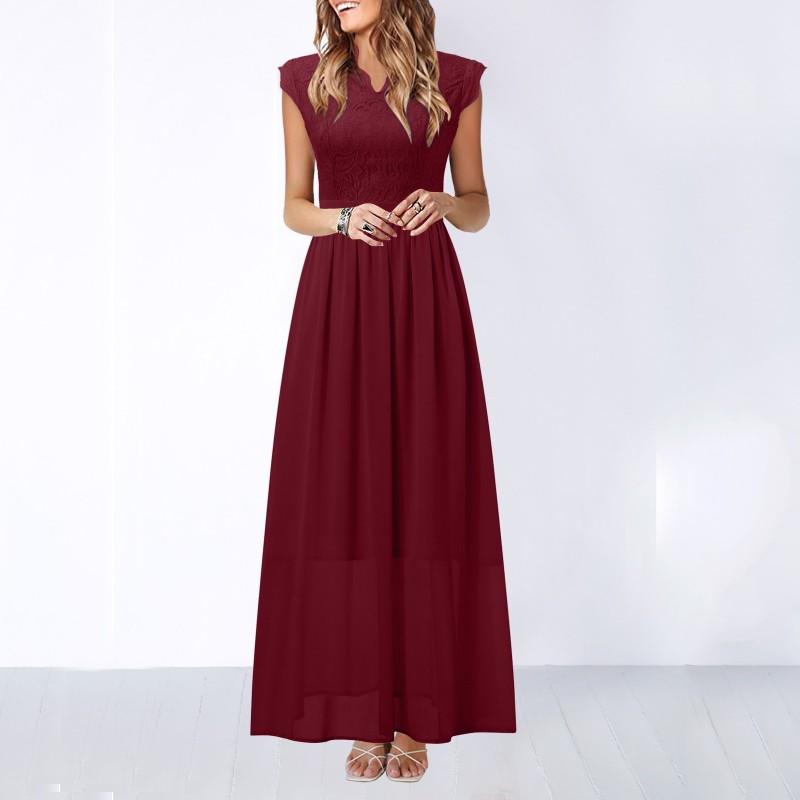 Sleeveless lace patchwork chiffon long elegant casual dress