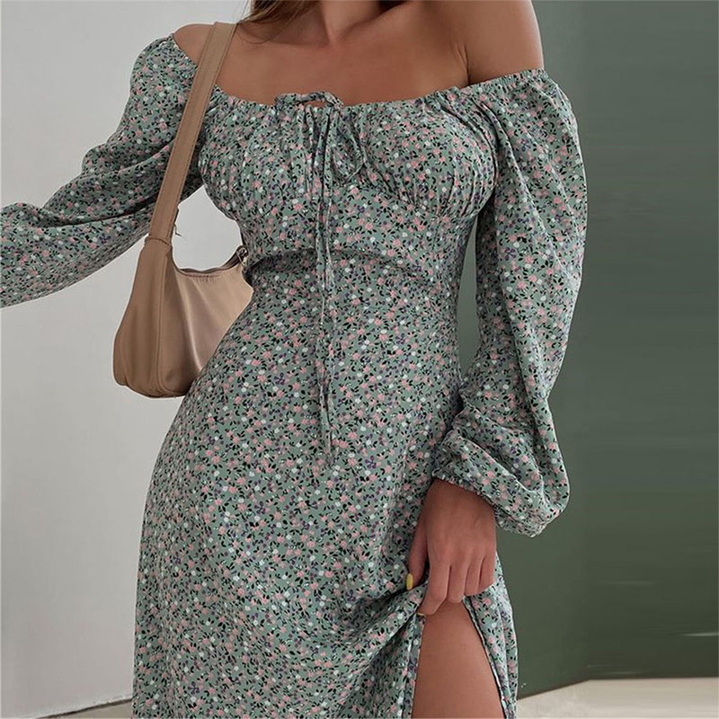 Printed French floral backless puff sleeves slim fit camisole slit dress
