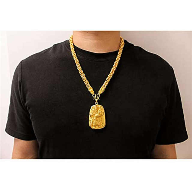 Men's Necklace Oval Pendant Dragon Braid Chain Placer Gold for Him Trendy Style