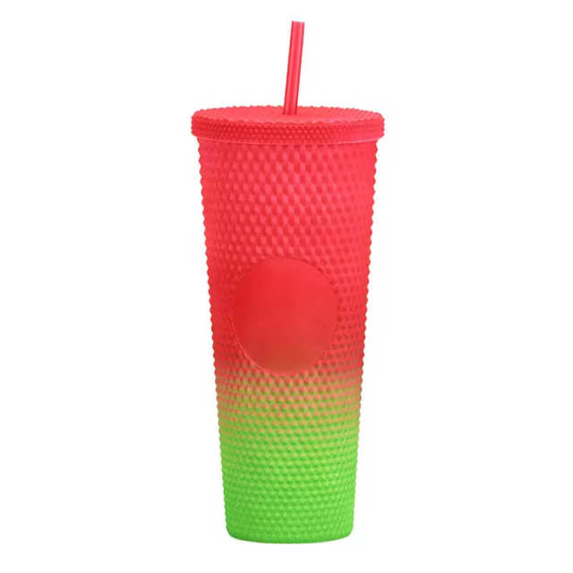 24oz Gradient Durian Grid Cup Pineapple Cup Plastic Studded Travel Tumbler with Lid and Straw