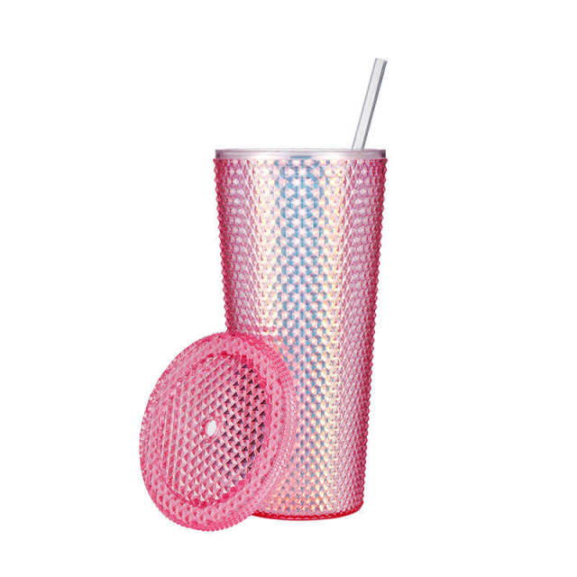 24oz Diamond Durian Cup Plastic Studded Cup Double Walled Iridescent Pineapple Cup Travel Tumbler with Lid and Straw