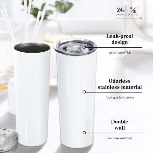 20oz Skinny White Matte Double Wall Stainless Steel Sublimation Tumbler