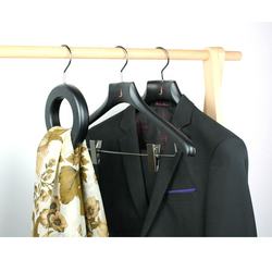 Black hotel wooden hangers with gold hook and clips