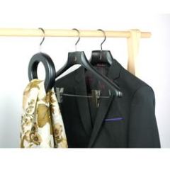 Black hotel wooden hangers with gold hook and clips