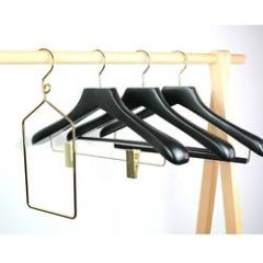 Black hotel wooden hangers with gold hook and clips