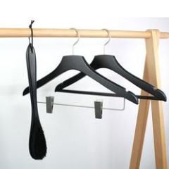 Black hotel wooden hangers with gold hook and clips