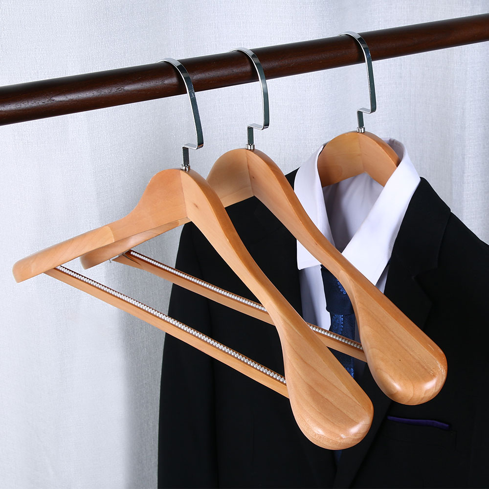 Wide Shoulder Custom Wooden Hanger with pants rod