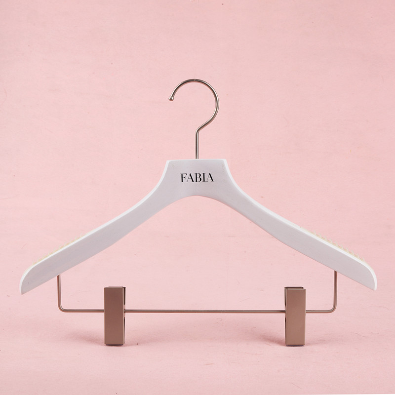 Custom white wood anti slip hangers with clips