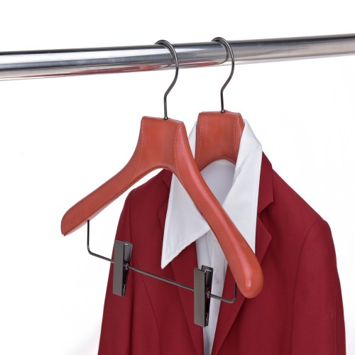 Color luxury leather wooden hangers with clips