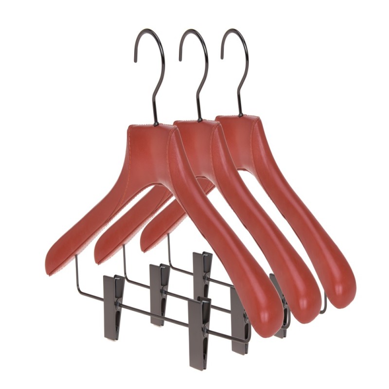 Color luxury leather wooden hangers with clips