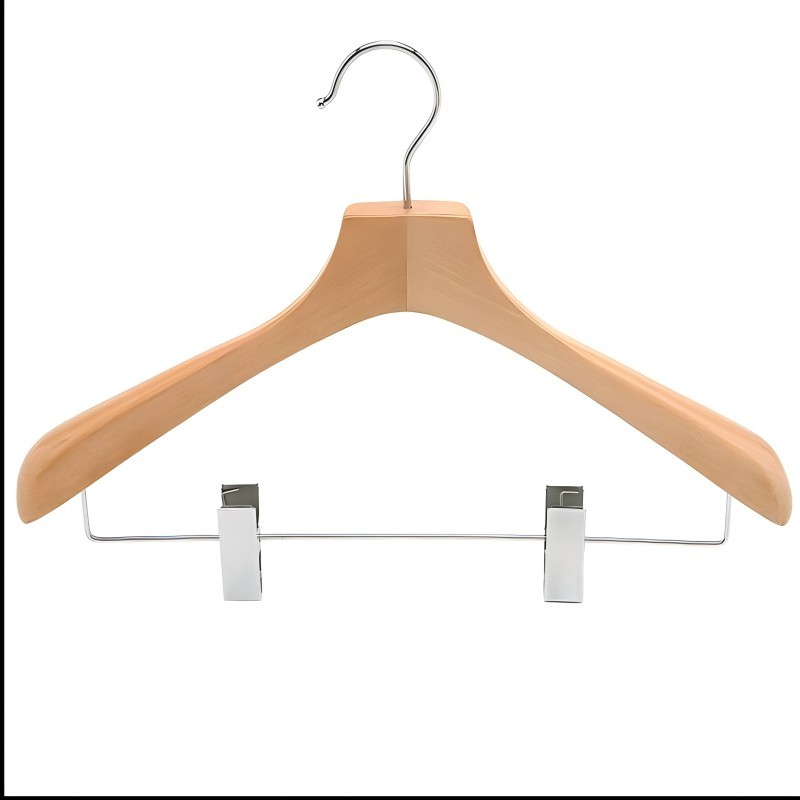 Wide Shoulder Clothes Wooden Hotel Hanger With Metal Clips