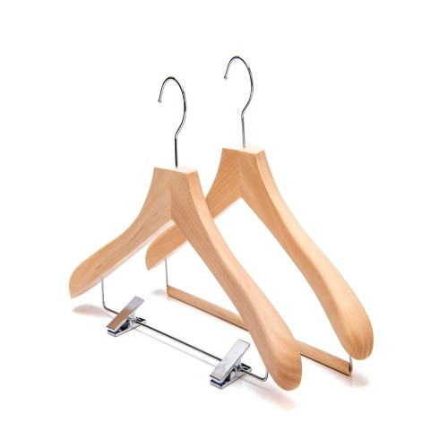 Wide Shoulder Clothes Wooden Hotel Hanger With Metal Clips