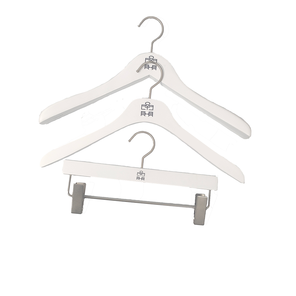 white custom wooden hangers with logo