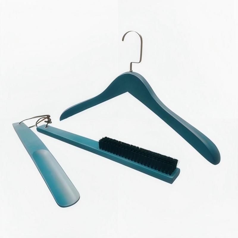 Blue color custom hotel supplies wood hanger brush shoehorns