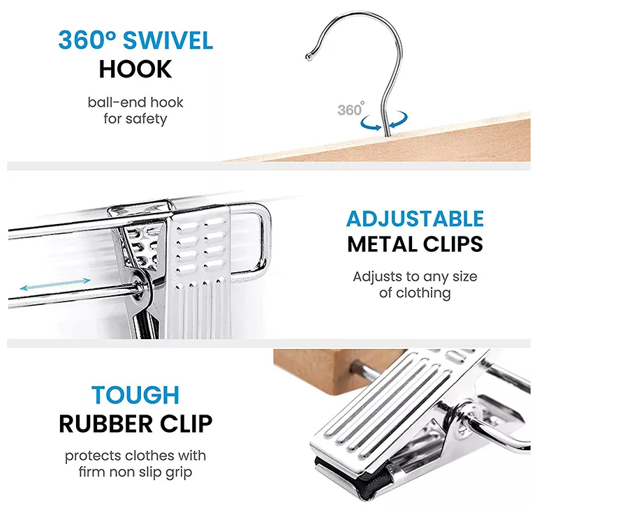 Trouser clamp wooden pants hangers with clips