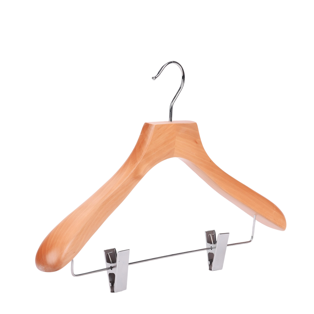 Wide Shoulder Clothes Wooden Hanger With Metal Clips