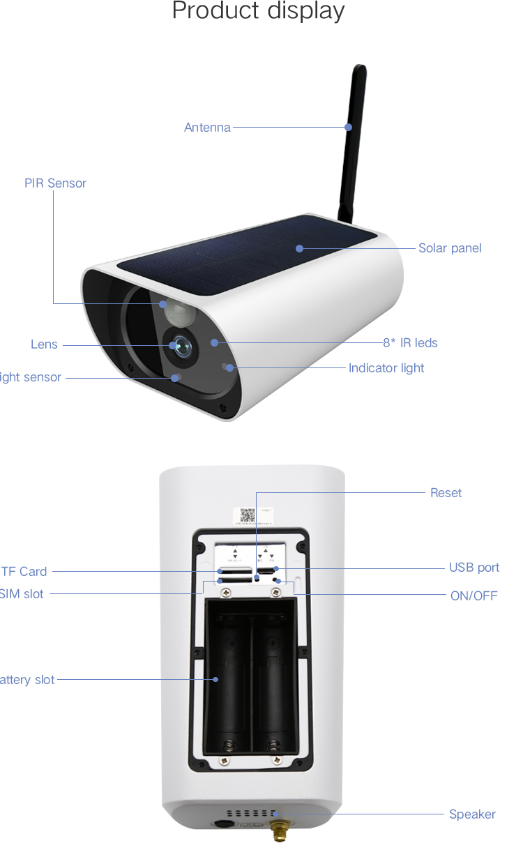 4G Solar camera with high definition Video Built in 2 million cmos lens with 8 infrared leds and high-sensitivity optical components. Automatically switch between day and night mode via light sensor