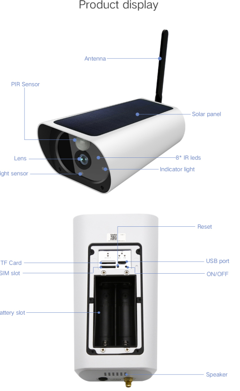 4G Solar camera with high definition Video Built in 2 million cmos lens with 8 infrared leds and high-sensitivity optical components. Automatically switch between day and night mode via light sensor