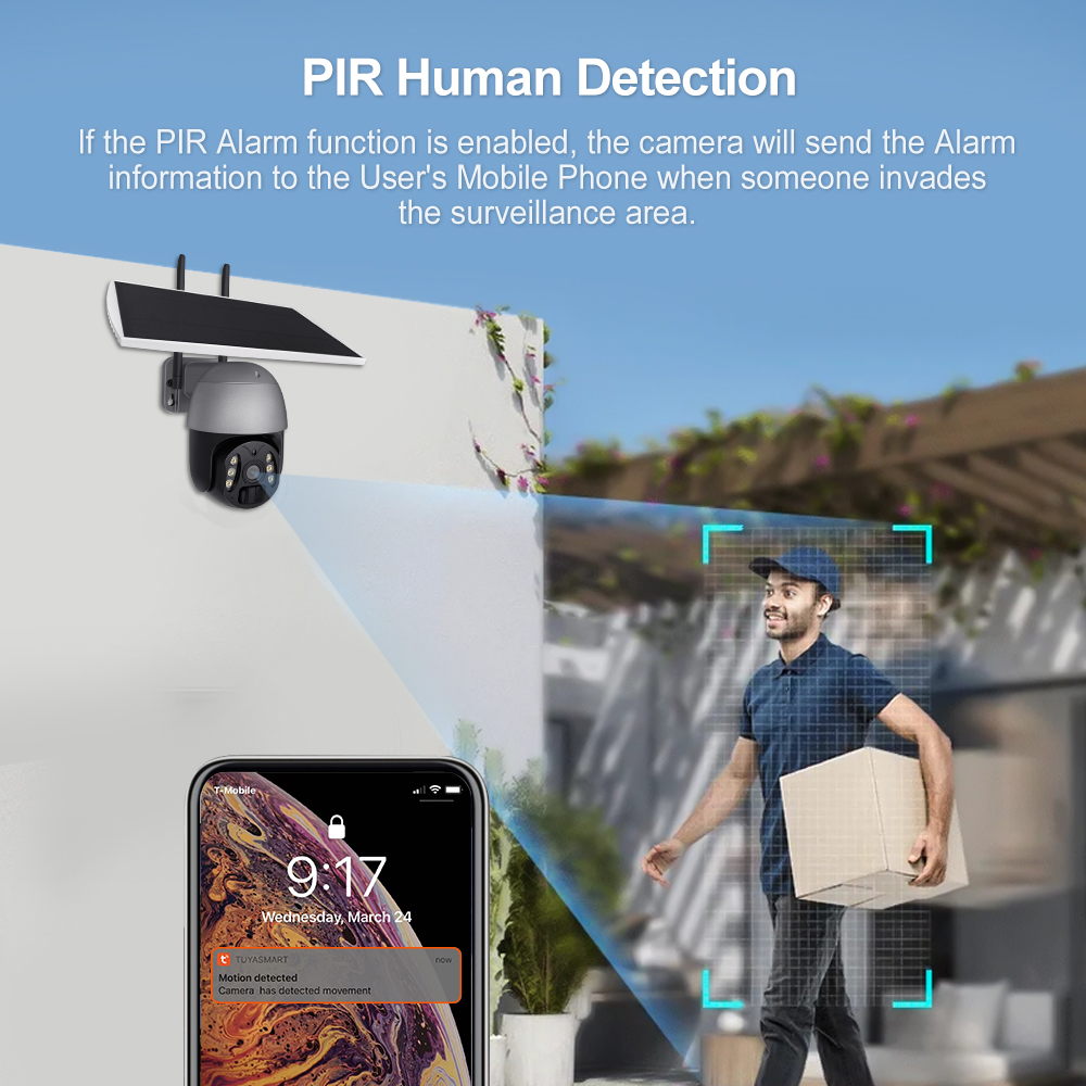 Tuya APP Auto Tracking Rotatable Alarm Ip Wifi Intelligent Lower Power Pir Battery Outdoor Security Cctv Wireless Solar Ptz Cam