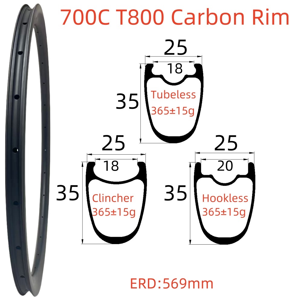 700C Road Bike Carbon Rim 25mm Width 35mm Depth Super Light Symmetry Tubeless Clincher Hookless T800 Carbon Rim