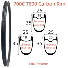 700C Road Bike Carbon Rim 25mm Width 35mm Depth Super Light Symmetry Tubeless Clincher Hookless T800 Carbon Rim